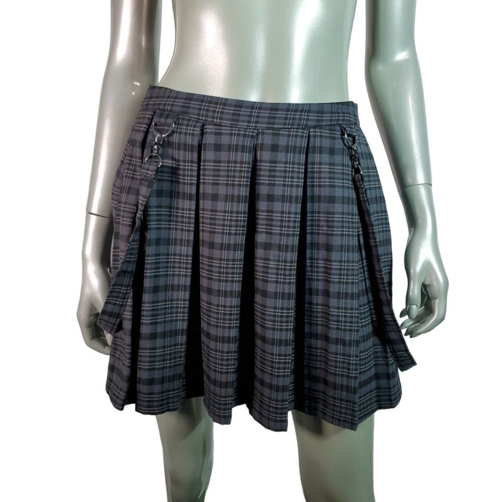 Hot Topic Black & Grey Plaid Suspender Skirt Size S Pockets Zip Casual Gray